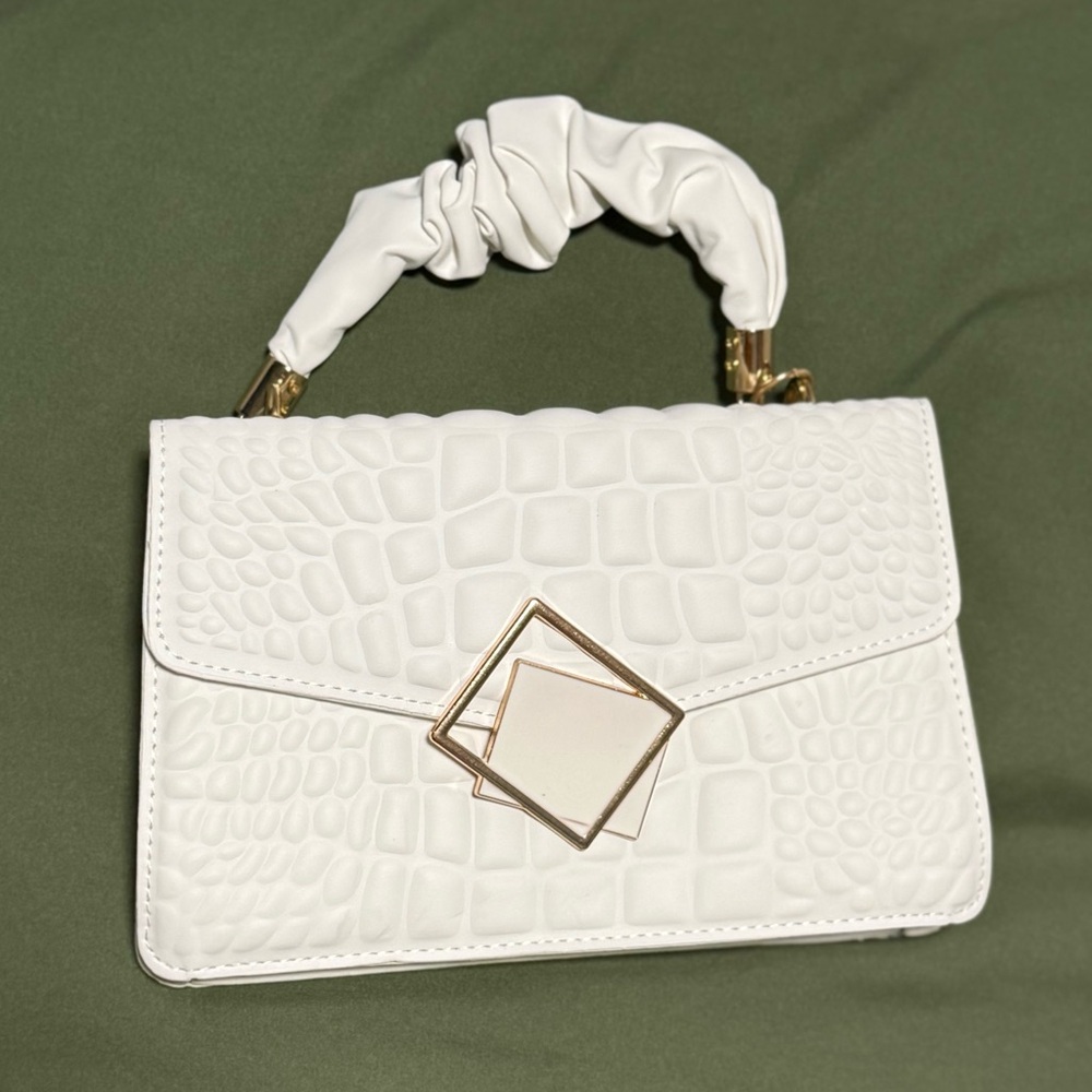 White Croc-Embossed Handbag with Gold Accent